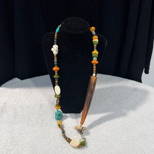 Multicolor natural stone Necklace with Horn Pendant and sterling silver clasp